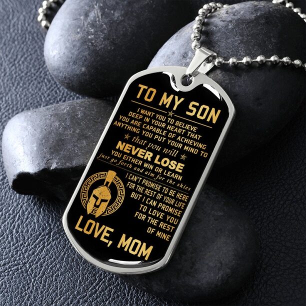 Spartan Dog Tag Necklace silver gold To my son deep in your heart that you will never lose love mom Custom Dog Tags