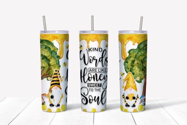20 oz Skinny Tumbler, Kind Words Are Like Honey To the Soul Tumbler, Cute Gnome with Bees Skinny Tumbler