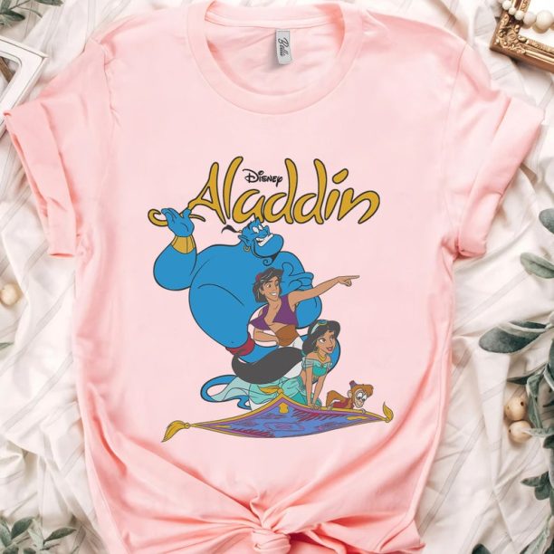 Disney Aladdin Vintage Group Shot Logo Shirt, Jasmine, Genie, Abu