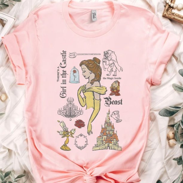 Retro Beauty And The Beast Characters Sketched Shirt, Disney Belle Princess Tee