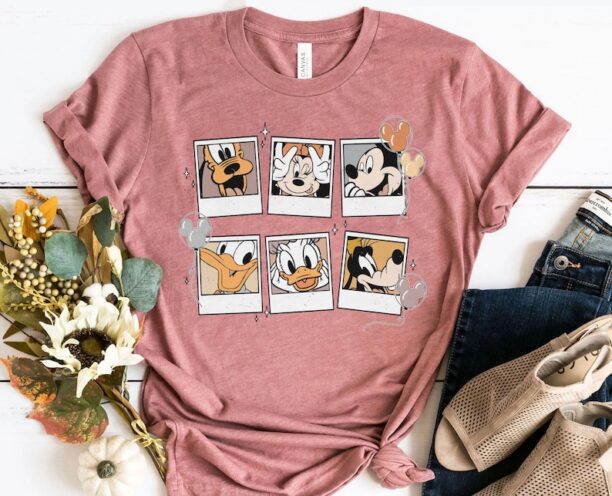 Retro Disney Characters Polaroid Shirt Mickey Minnie Donald Daisy Goofy Pluto T-shirt Magic Kingdom Park Walt Disney