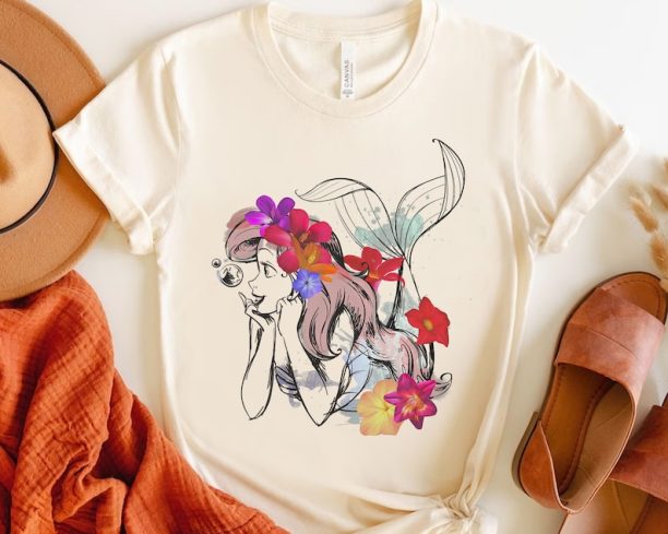 Disney The Little Mermaid Ariel Princess Floral Watercolor Outline Shirt