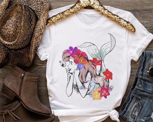 Disney The Little Mermaid Ariel Princess Floral Watercolor Outline Shirt