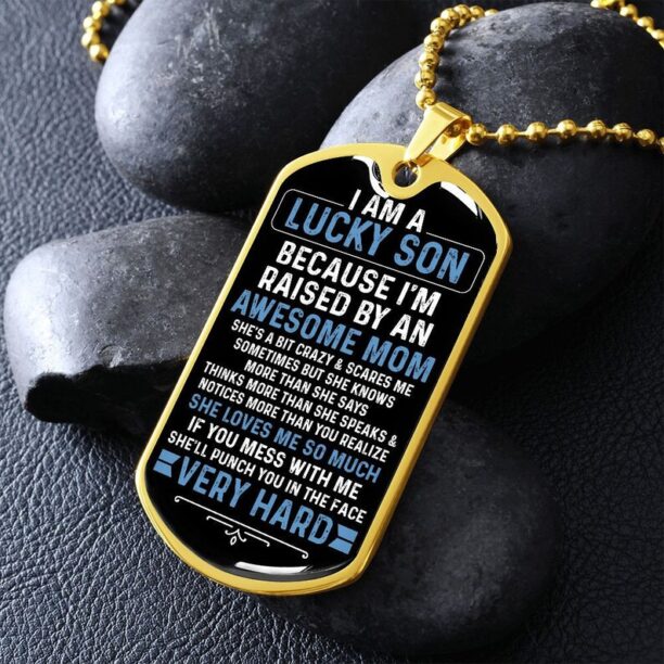 Son Dog Tag Necklace, Lucky Son Awesome Mom, Teen Boy Dog Tag Necklace, Birthday for Son, Son Keepsake Gift