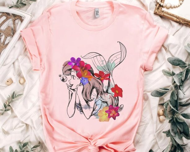 Disney The Little Mermaid Ariel Princess Floral Watercolor Outline Shirt