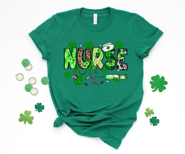 St.Patricks Lucky Nurse Shirt, Irish women Shirt, Nurse Lucky Green, Shamrock Tee, Nurse Stethoscope T-Shirt