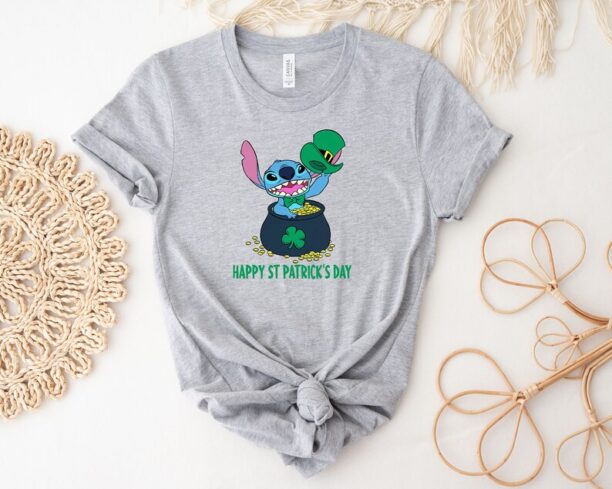 Stitch Happy St Patrick's Day Shirt, Stitch With Pot Of Gold Shirt Hoodie Sweatshirt, Disney Stitch Lucky Shirt