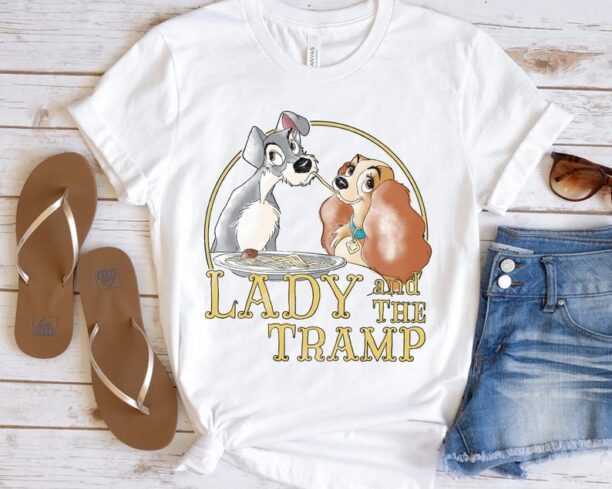 Retro Disney The Lady And The Tramp Eating Spaghetti Vintage T-shirt, Disneyland Trip Couple Matching Tee