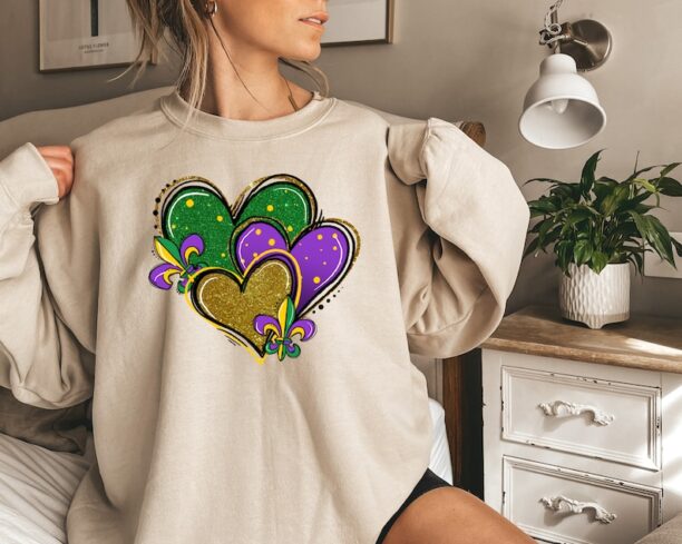 Mardi Gras Heart Shirts, Adult Mardi Gras Sweatshirts, New Orleans Sweatshirts, NOLA Shirts, Fat Tuesday Sweatshirts