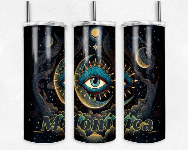 Personalized Evil Eye Moon Tumbler, 20oz Skinny Tumbler,Turkish Eye Tumbler, Mystical Eye Celestial Zodiac