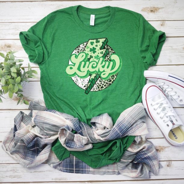 Lucky Bolt St Patricks Day Crew Neck Shirt, Lightening Bolt, Lucky