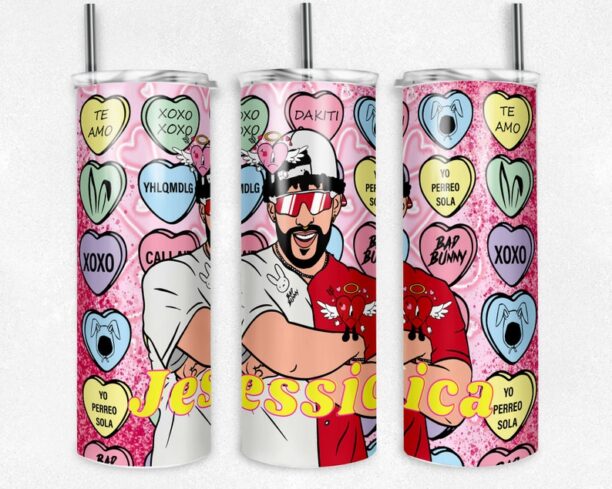 Personalized Bad Bunny 20oz Tumbler, Valentine's Day Gift, Bad Bunny Valentine, 20oz Skinny Tumbler with Straw