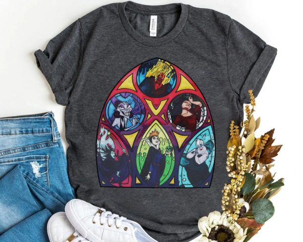 Disney Villains Characters Stained-Glass Hades Maleficent Cruella Retro Shirt