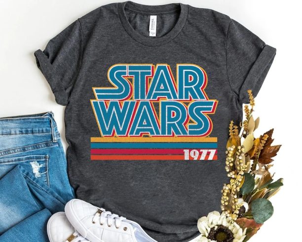 90s Star Wars Super Retro Striped Logo 1977 Graphic Shirt