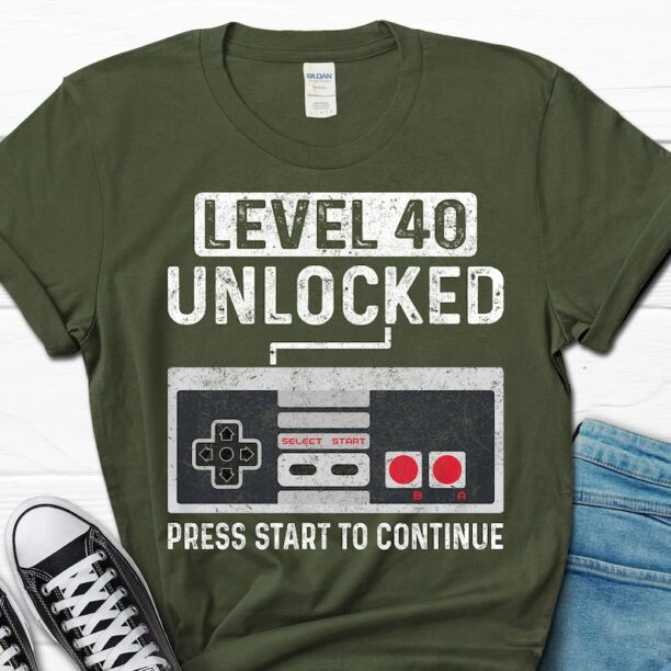 Level 40 Unlocked Gift, 40th Birthday Shirt, Gaming Gift for Him, Gamer Husband T-shirt, Video Game Men's Shirt