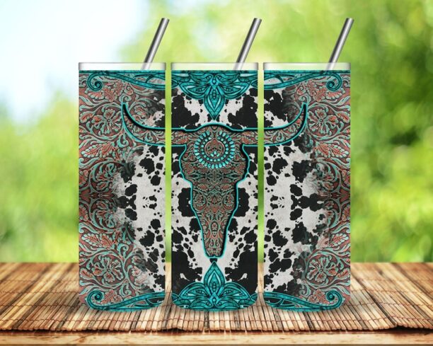 Cow Skull Embossed Leather Sublimation Tumbler