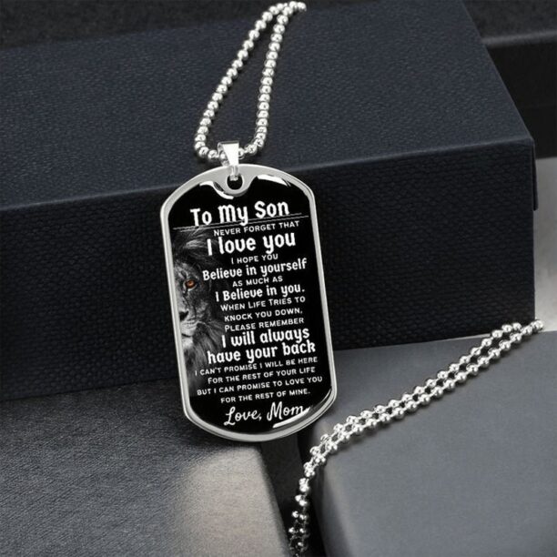 Lion dog tag to my son never forget that i love you believe in yourself love mom, gift mothers day, graduation gift