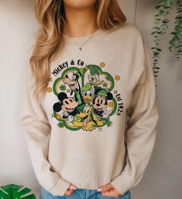 Vintage Disney St. Patrick’s Day Sweater, Retro Mickey And Friends Shamrock, Disney Lucky Irish Shirt