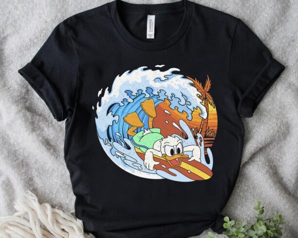 Disney Mickey And Friends Funny Donald Duck Surfing Retro Shirt