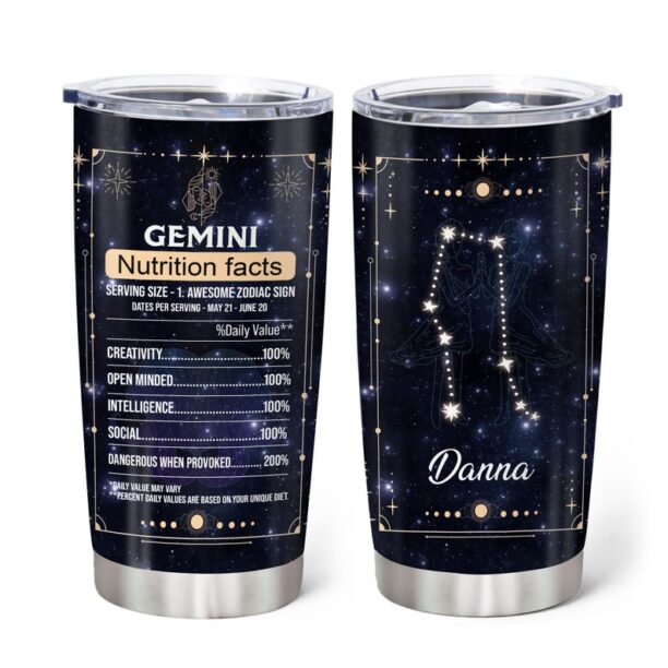 Personalized Gemini Nutrition Facts Tumbler, Zodiac Stainless Steel Tumbler 20 oz, 12 Zodiac Tumbler, Gifts For Birthday