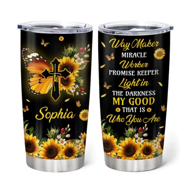 Personalized Sunflower Way Maker Miracle Worker Promise Keeper Tumbler 20 Oz, Gift For Sunflower Lover, Birthday Gift