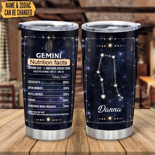 Personalized Gemini Nutrition Facts Tumbler, Zodiac Stainless Steel Tumbler 20 oz, 12 Zodiac Tumbler, Gifts For Birthday