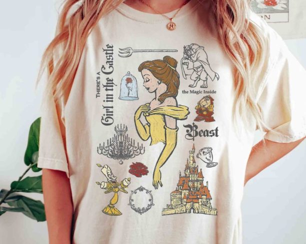 Retro Beauty And The Beast Characters Sketched Shirt, Disney Belle Princess Tee