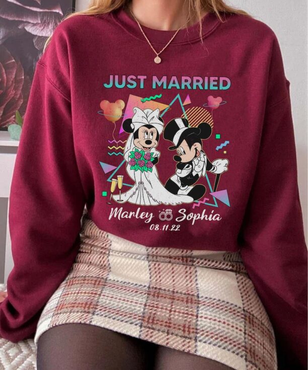 Personalized Retro 80s Just Married Mickey And Minnie Matching Tee / Custom Husband And Wife Shirt / Disney Wedding