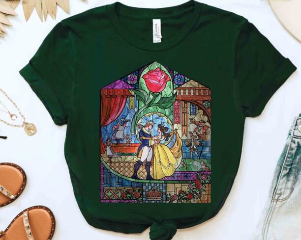 Disney Beauty & The Beast Stained Glass Rose Graphic Retro Shirt, Belle Beast Tee