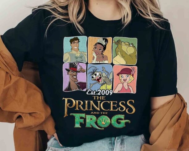 Disney Princess of the Frog Characters Group Shot 2009 Retro Shirt, Tiana Dr Facilier Naveen Tee