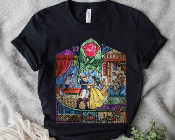 Disney Beauty & The Beast Stained Glass Rose Graphic Retro Shirt, Belle Beast Tee