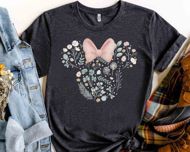 Cute Disney Minnie Mouse Head Icon Spring Flowers Shirt