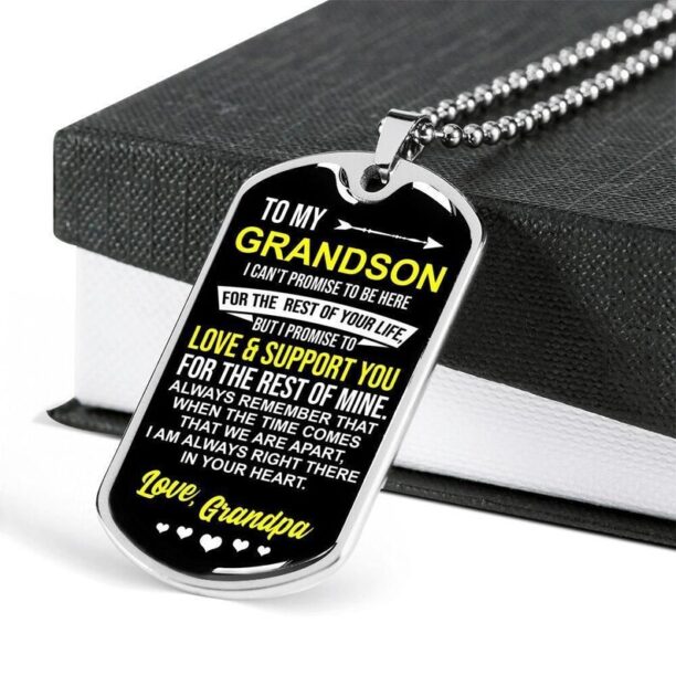 Arrow and heart on black background dog tag necklace to my grandson, love & support you, love grandpa, fathers day gift