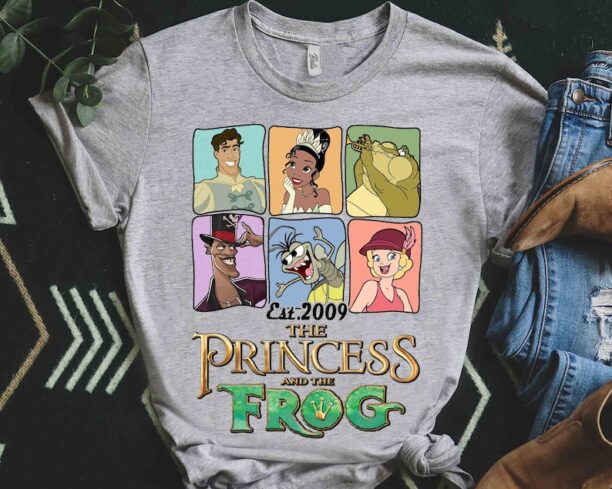 Disney Princess of the Frog Characters Group Shot 2009 Retro Shirt, Tiana Dr Facilier Naveen Tee