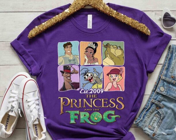 Disney Princess of the Frog Characters Group Shot 2009 Retro Shirt, Tiana Dr Facilier Naveen Tee