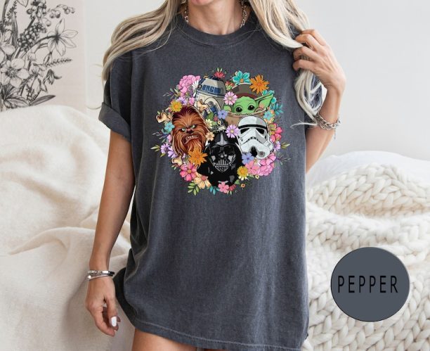 Comfort Colors® Retro Flower Star Wars Characters Shirt, Stormtrooper, Darth Vader, Disney Trip Shirt, Grogu, Chewbacca