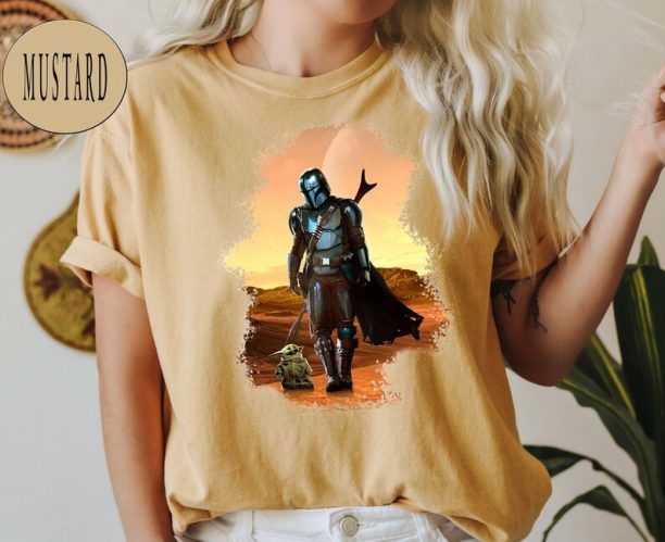 Comfort Colors® Vintage Walking Mando and Baby Yoda Into the Sunset Short Sleeve Unisex T-shirt