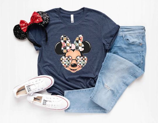 Checkered Retro Minnie Shirt, Minnie Smiley Face Sunglasses Shirt, Minnie Mouse Shirt, Disney Mom, Woman Disney Shirt