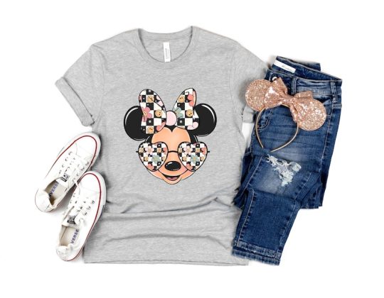 Checkered Retro Minnie Shirt, Minnie Smiley Face Sunglasses Shirt, Minnie Mouse Shirt, Disney Mom, Woman Disney Shirt