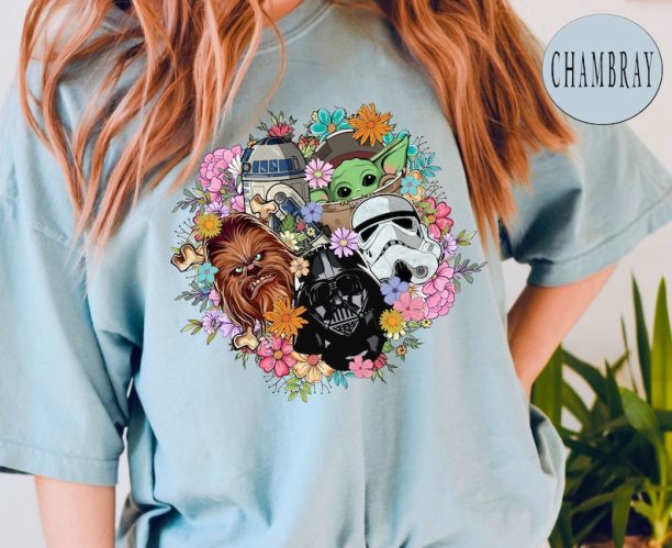 Comfort Colors® Retro Flower Star Wars Characters Shirt, Stormtrooper, Darth Vader, Disney Trip Shirt, Grogu, Chewbacca