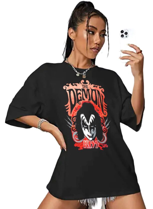 KISS Band Women's Boxy Tee Gene Simmons The Demon Poster T-Shirts Concert Loose Fit Top Ladies Retro Unisex Tees