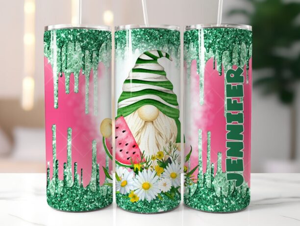 Watermelon Gnome Tumbler, Personalized Gift, Faux Glitter Tumbler 20oz with Straw