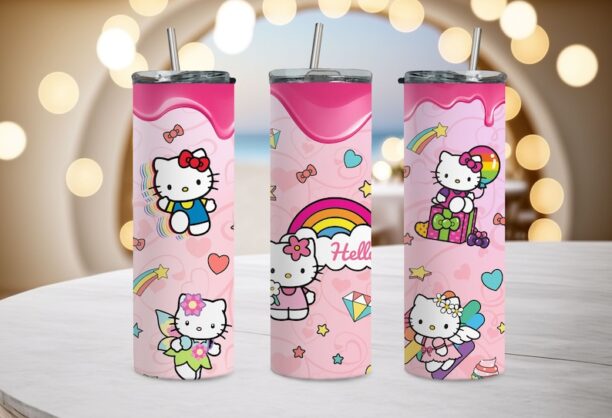 Hello Kitty Tumbler, 20 oz Tumbler, Pink Kitty Tumbler, Pink Cat Tumbler, Cute Kitty Tumbler, Rainbow Tumbler