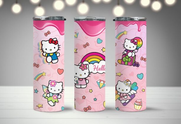 Hello Kitty Tumbler, 20 oz Tumbler, Pink Kitty Tumbler, Pink Cat Tumbler, Cute Kitty Tumbler, Rainbow Tumbler