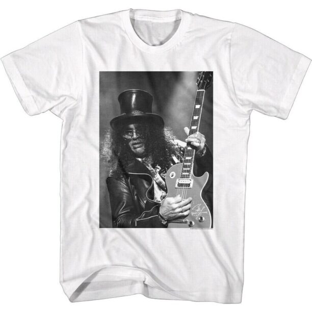 Slash Men's T-Shirt Guitar Solo Photo White Graphic Tee Guns n Roses Concert Merch Rock Guitarist Tee American Metal