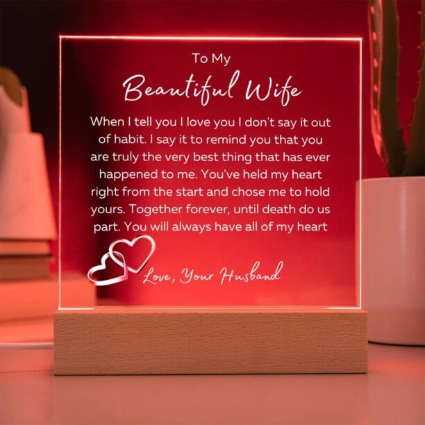 To My Beautiful Wife Square Plaque-Until Death Do Us Part- White Font LED Optional