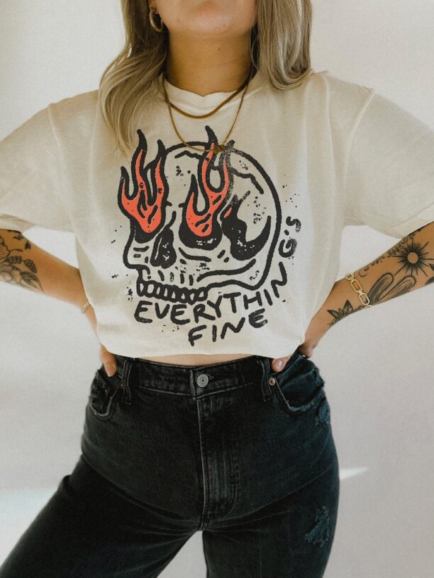 Everything's Fine Shirt Comfort Colors® Boho Hippie Clothes Rock n Roll Vintage Rebel Oversized Shirt Skull on Fire Moto