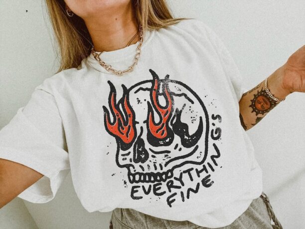 Everything's Fine Shirt Comfort Colors® Boho Hippie Clothes Rock n Roll Vintage Rebel Oversized Shirt Skull on Fire Moto