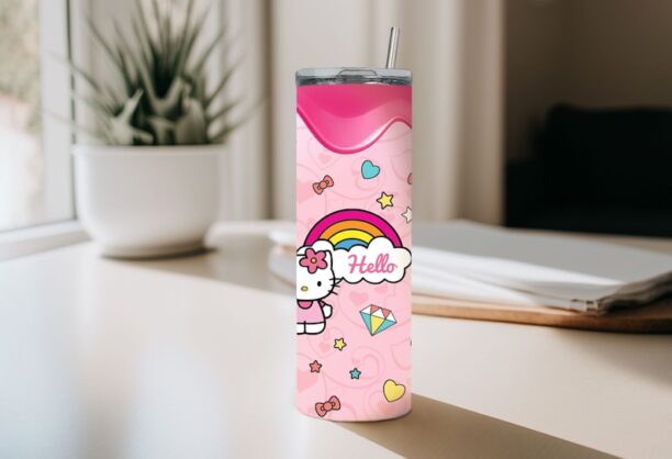 Hello Kitty Tumbler, 20 oz Tumbler, Pink Kitty Tumbler, Pink Cat Tumbler, Cute Kitty Tumbler, Rainbow Tumbler