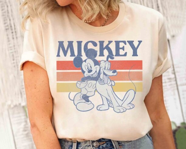 Cute Disney Mickey And Pluto Portrait Retro Line T-Shirt, Mickey And Friends Tee